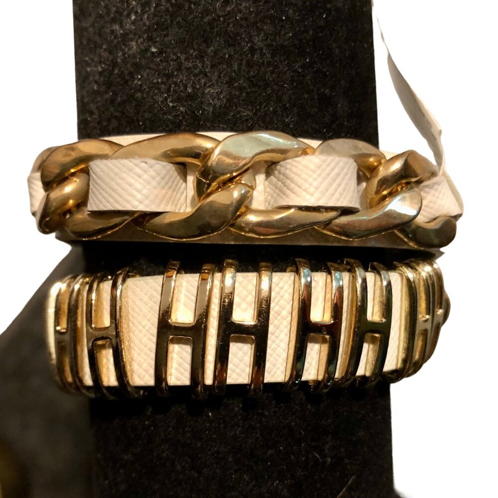 Cache White Dbl Leather Wrap Bracelet with Gold Metal Studs Chains New NWT $64